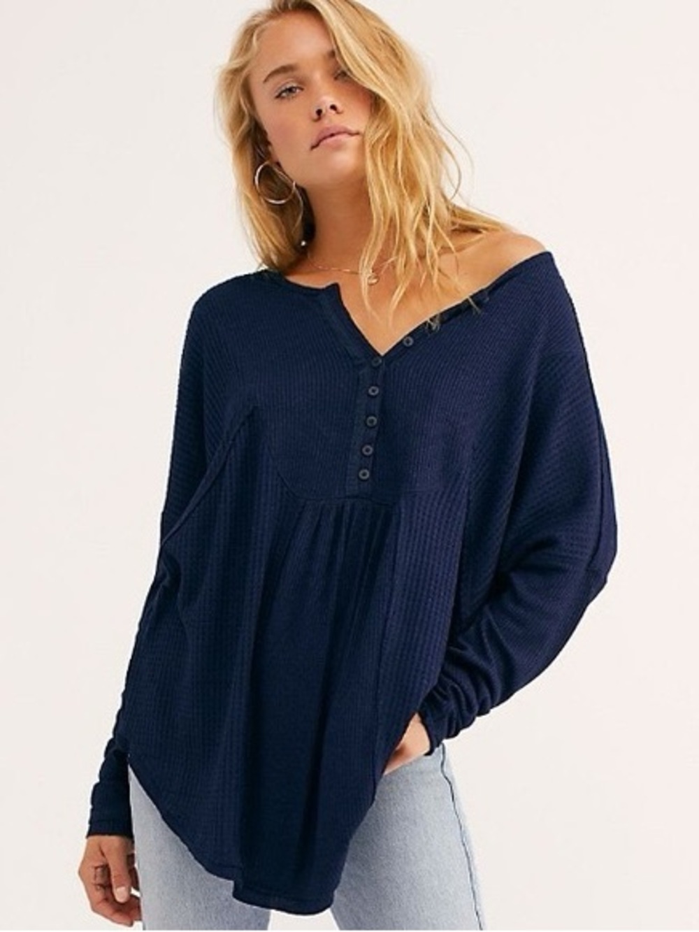Free People Leo Henley Waffle Knit Thermal in Navy